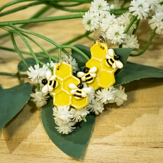 Honeycomb Honey Bee Dangle Earrings