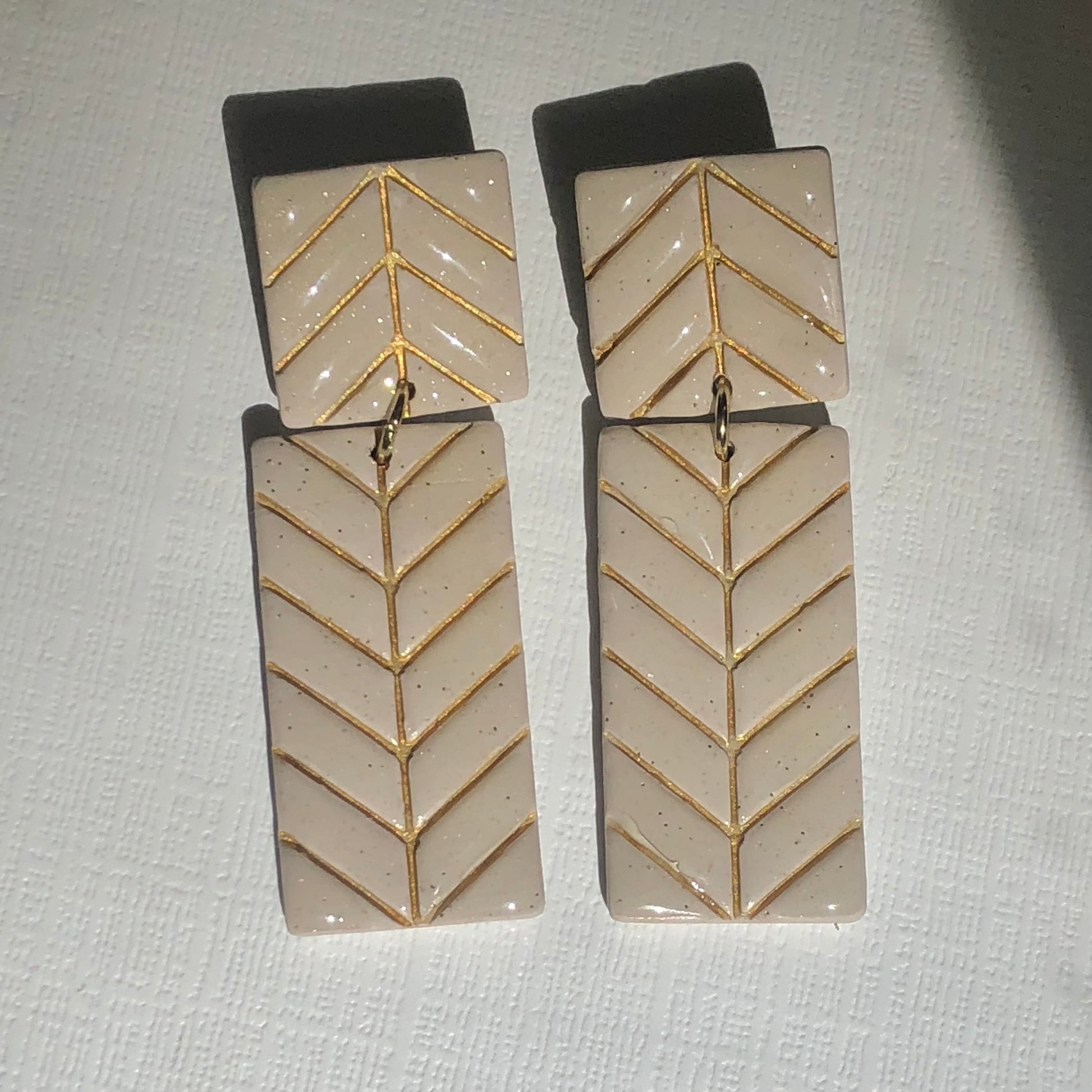 Neutral Herringbone Rectangle Dangle Polymer Clay Earrings 