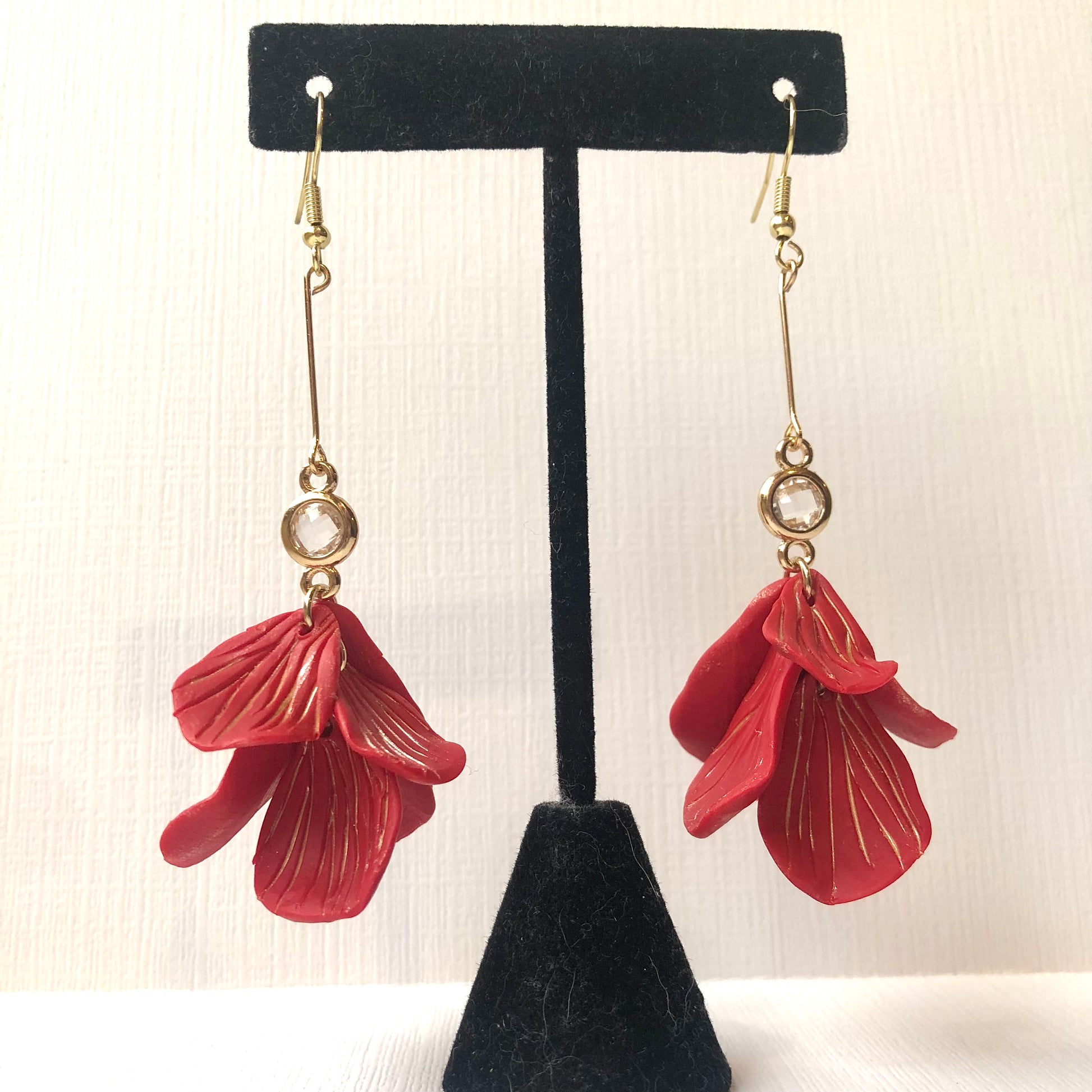 Red Rose Petal Long Dangle Polymer Clay Earrings