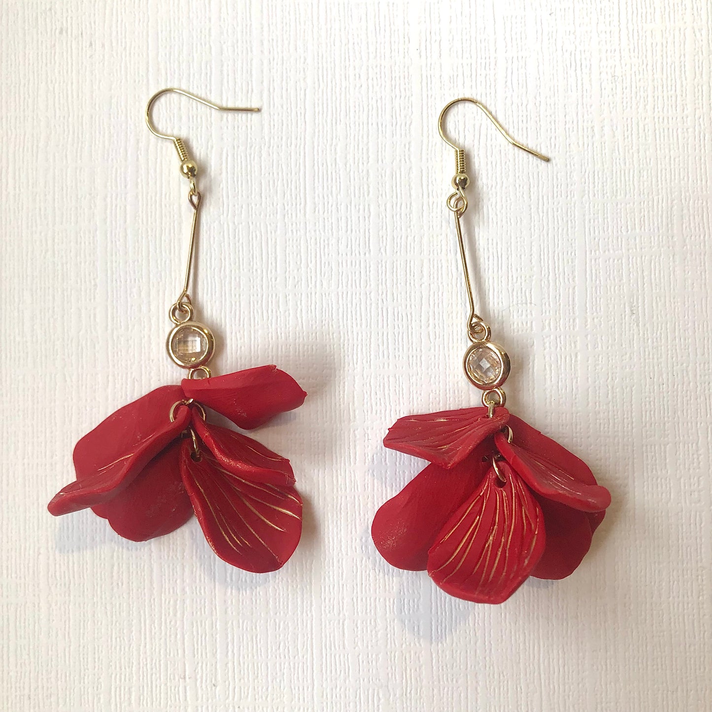 Red Rose Petal Long Dangle Polymer Clay Earrings