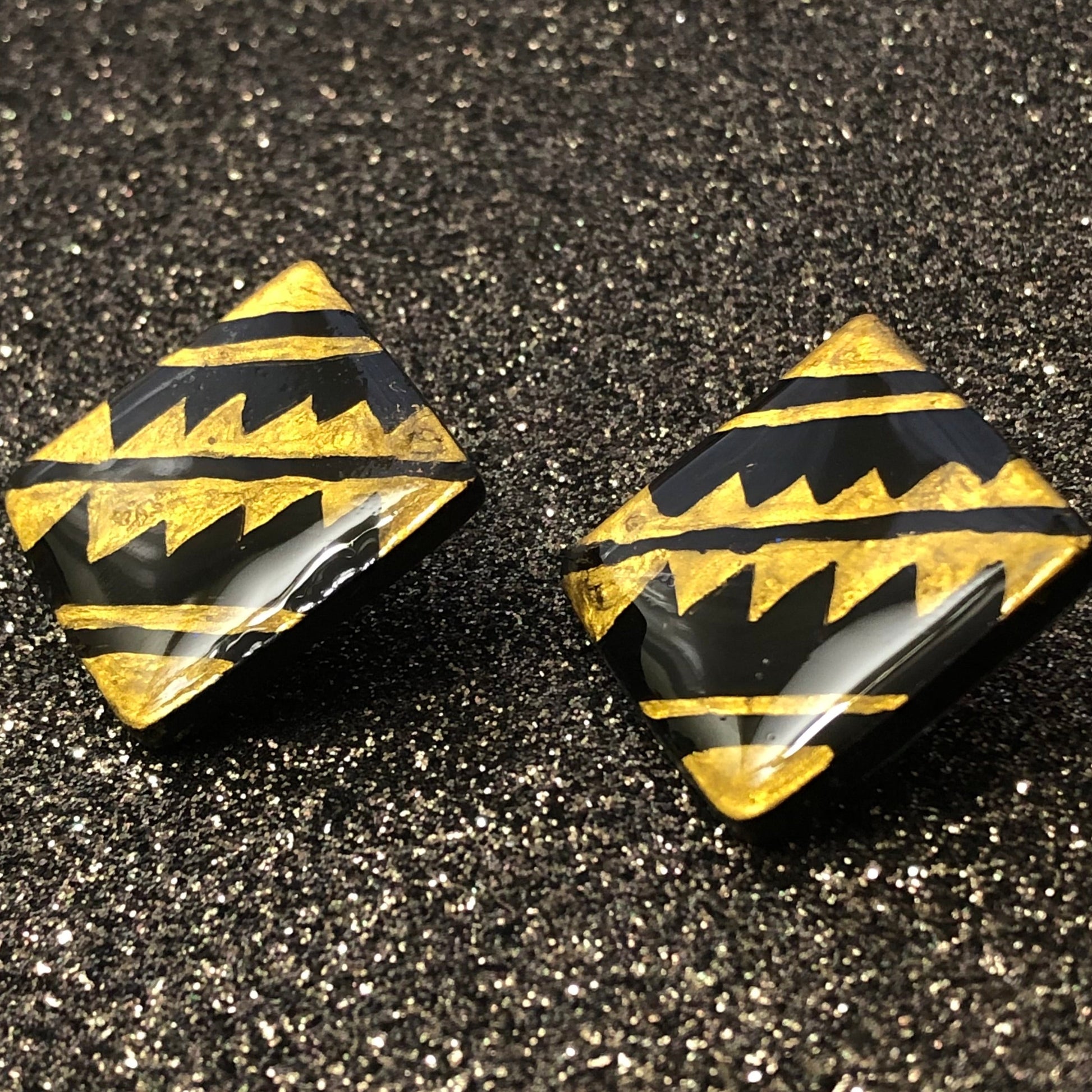 Black and Gold Patterned Polymer Clay Mega Stud Earrings