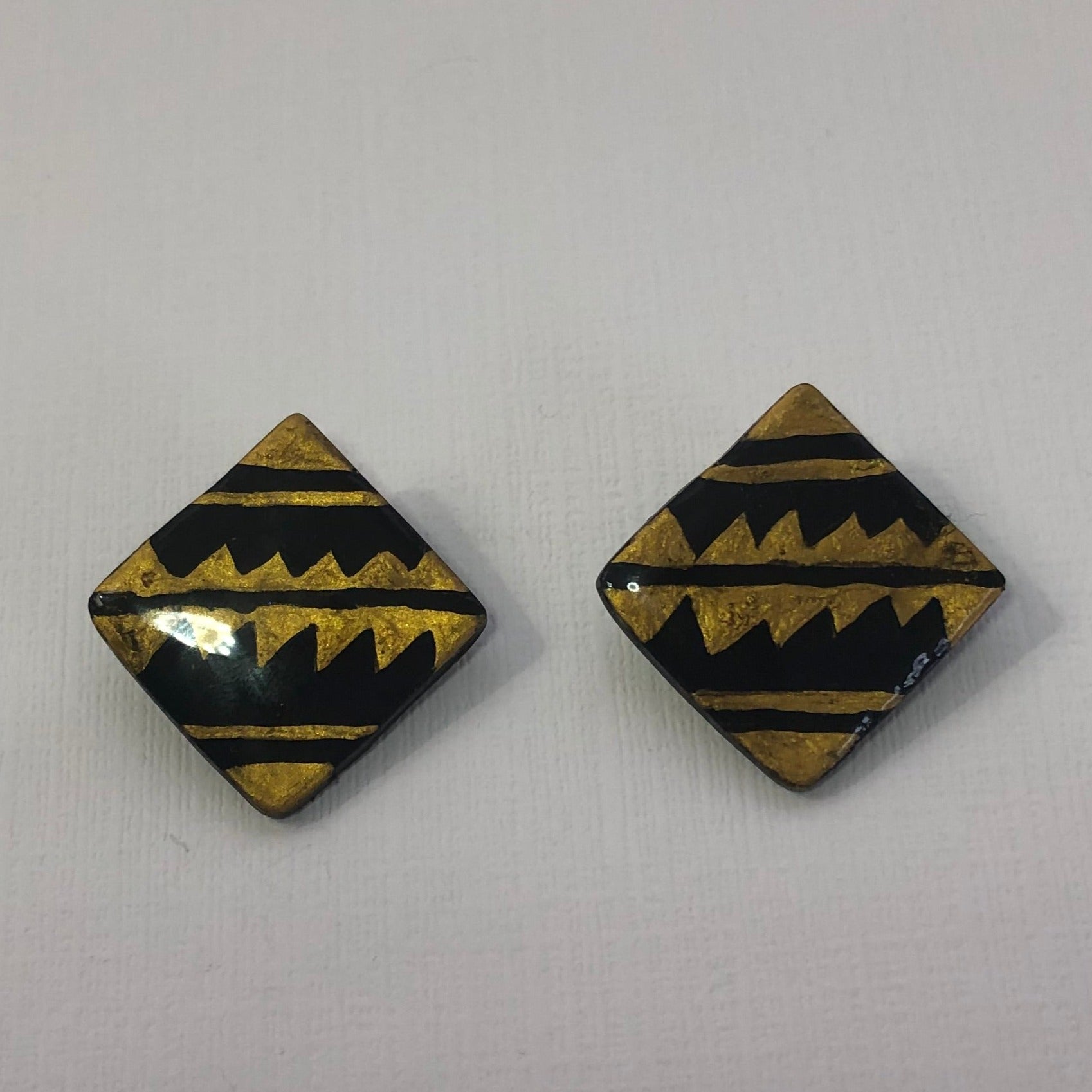 Black and Gold Patterned Polymer Clay Mega Stud Earrings