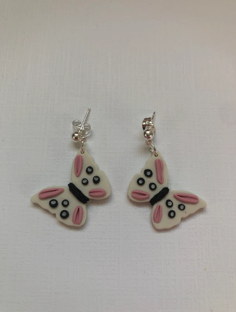 White Butterfly Dangle Polymer Clay Earrings